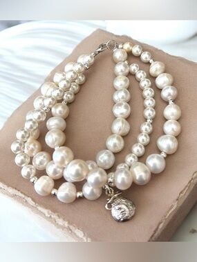 Lustrous Fresh Water Pearl Multi-Strand Bracelet with Silver Charm